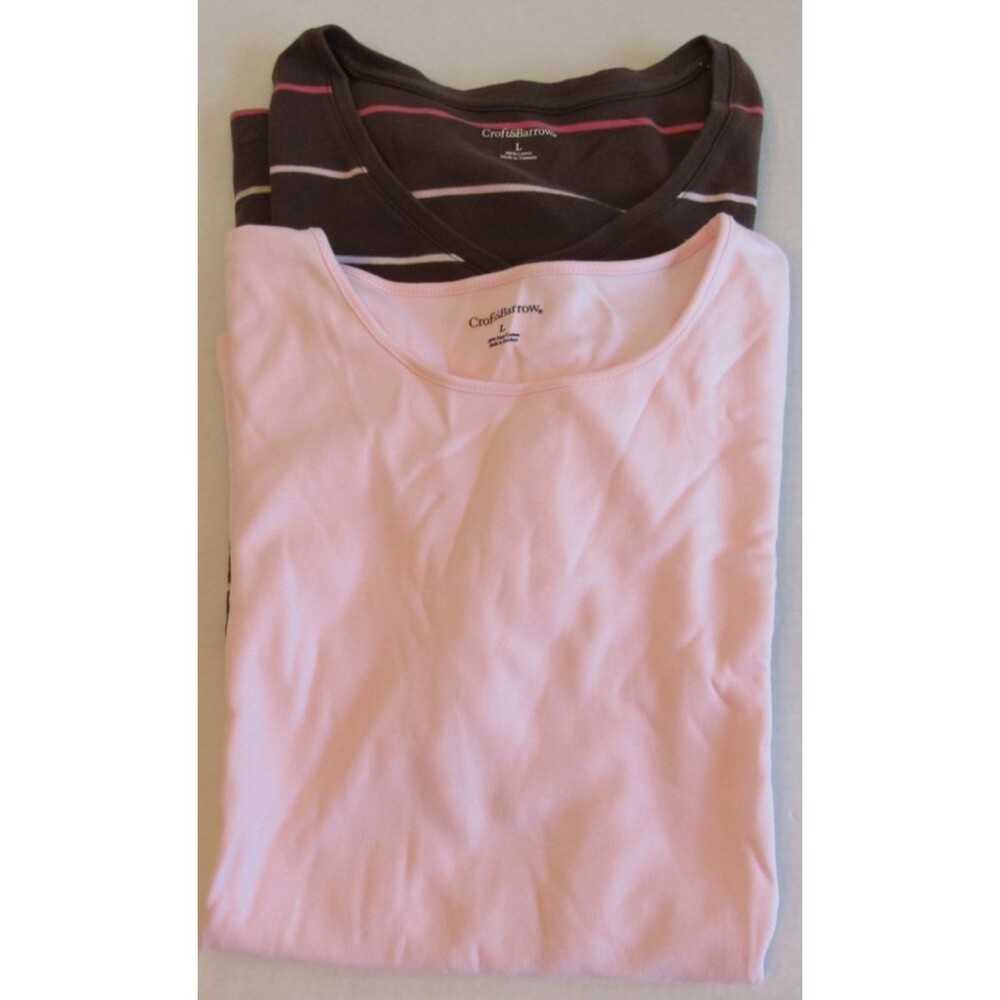 Croft & Barrow Lot of 2 Short Sleeve Soft Pullover Brown Strip/Pink Tops Size L
